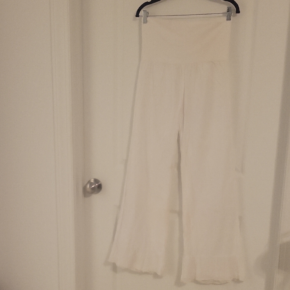 VENUS White Wide Leg Gauze Pants With Foldover Waistband